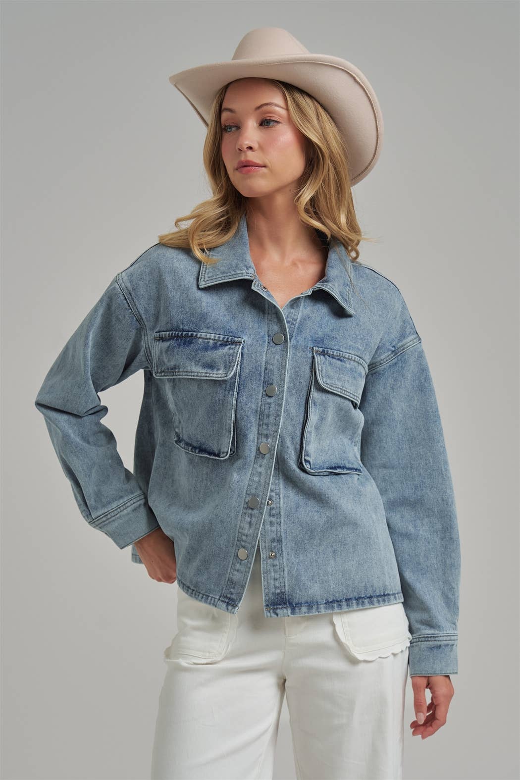 WASHED DENIM SHACKET WITH 3D FRONT POCKETS