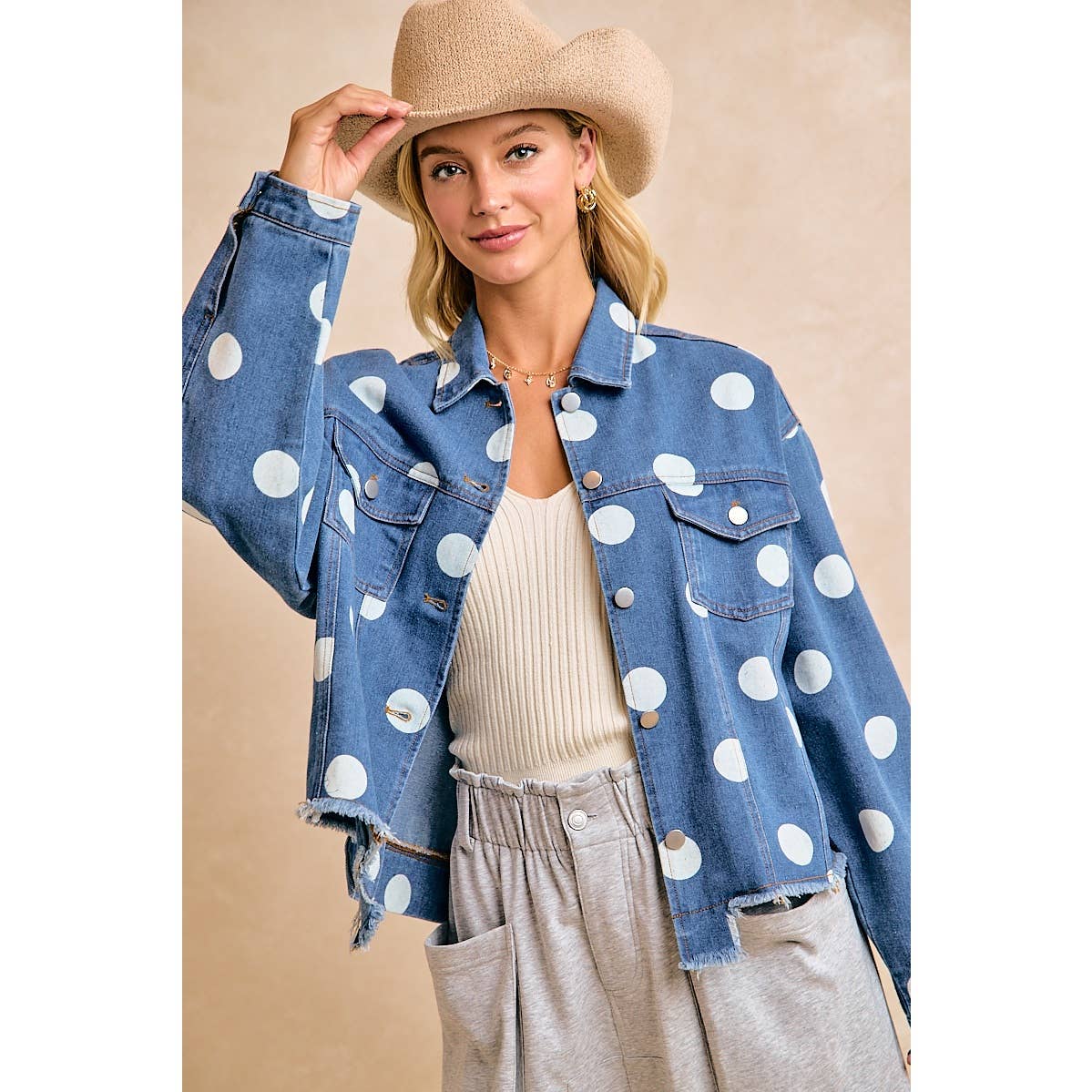 Polka Dot Cropped Denim Jacket with Frayed Hem Button