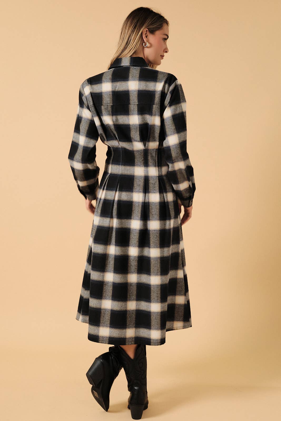 Plaid Long Sleeve Pleated Button Down Midi Shirt Dress