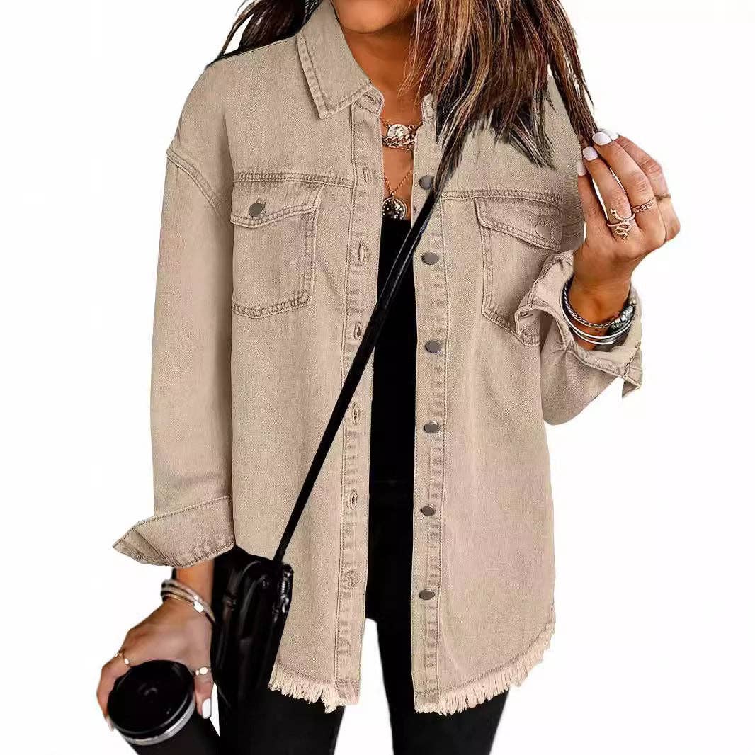 Washed Long Sleeve Frayed Hem Jacket