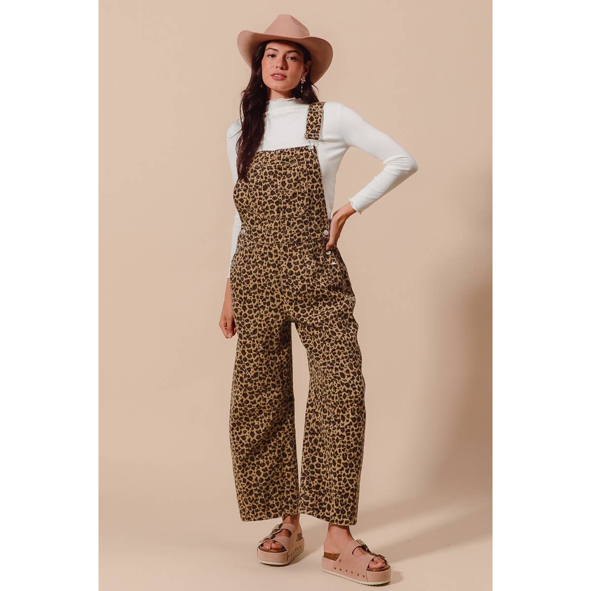 LEOPARD TWILL SLOUCHY BARREL OVERALLS JUMPSUIT