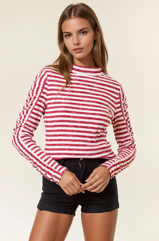 LUREX STRIPED RIB MOCK NECK GATHER LONG SLEEVE TOP