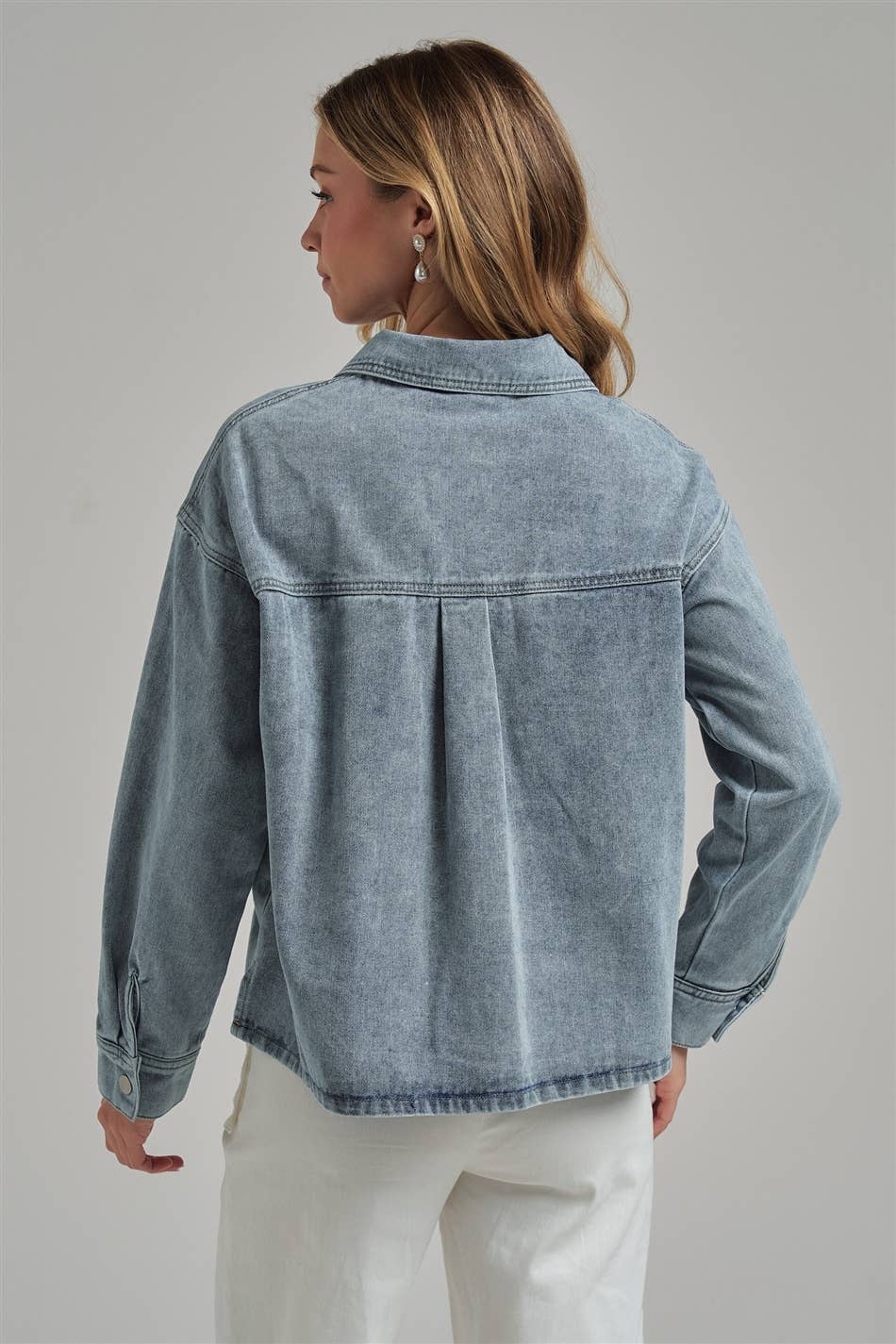 WASHED DENIM SHACKET WITH 3D FRONT POCKETS