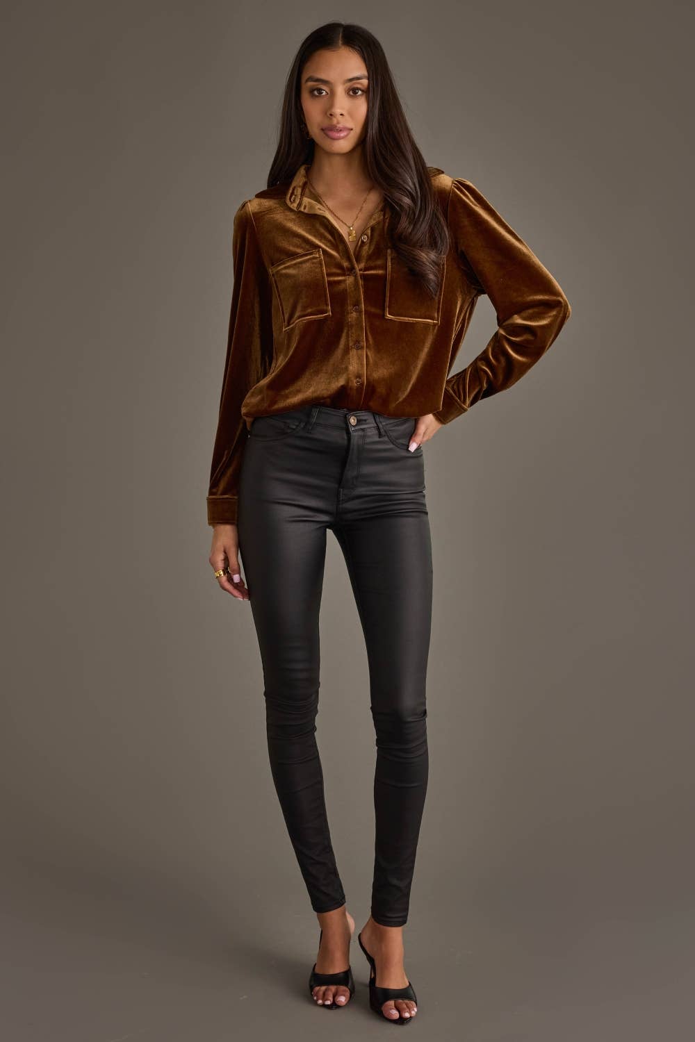 Bronze Velvet Button Up