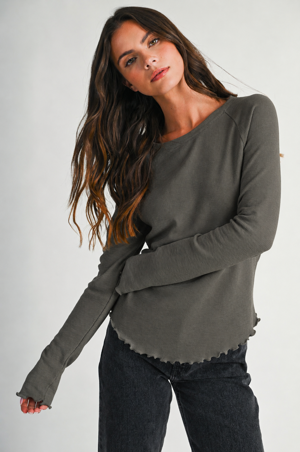 Thermal Knit Lettuce Edge Long Sleeve Top