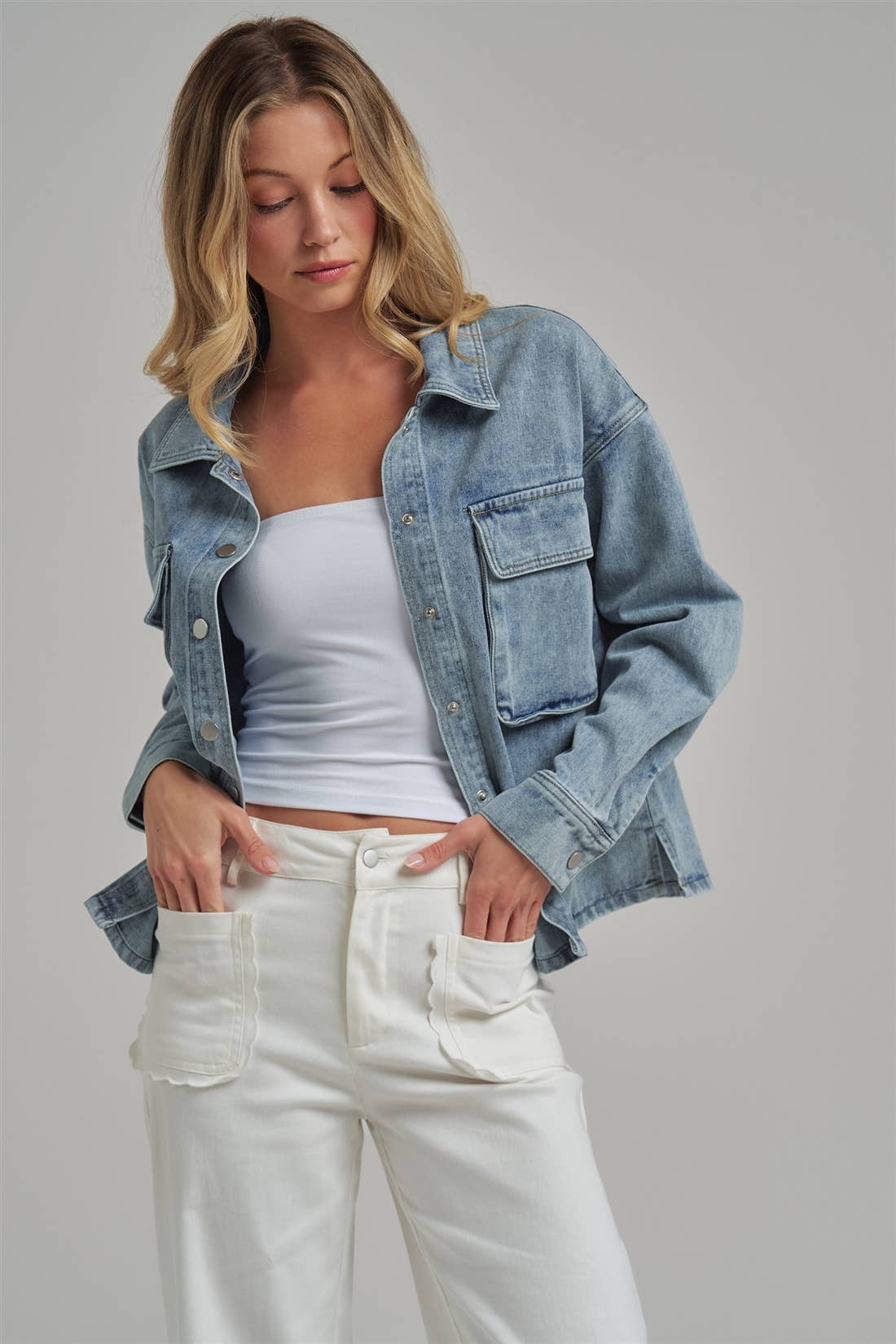 WASHED DENIM SHACKET WITH 3D FRONT POCKETS