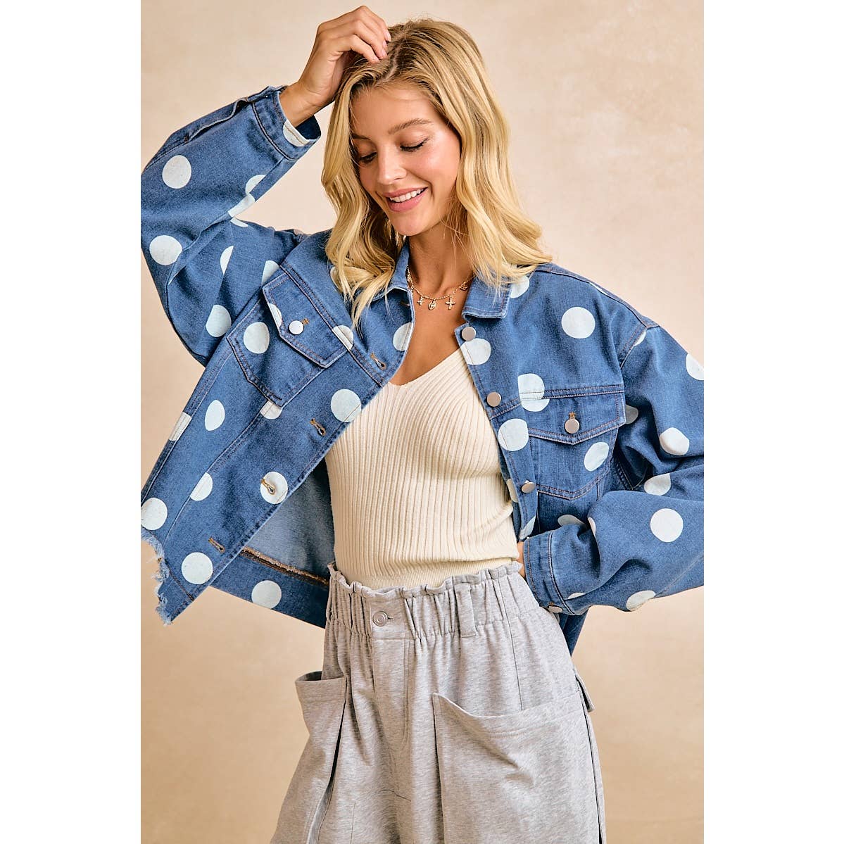 Polka Dot Cropped Denim Jacket with Frayed Hem Button