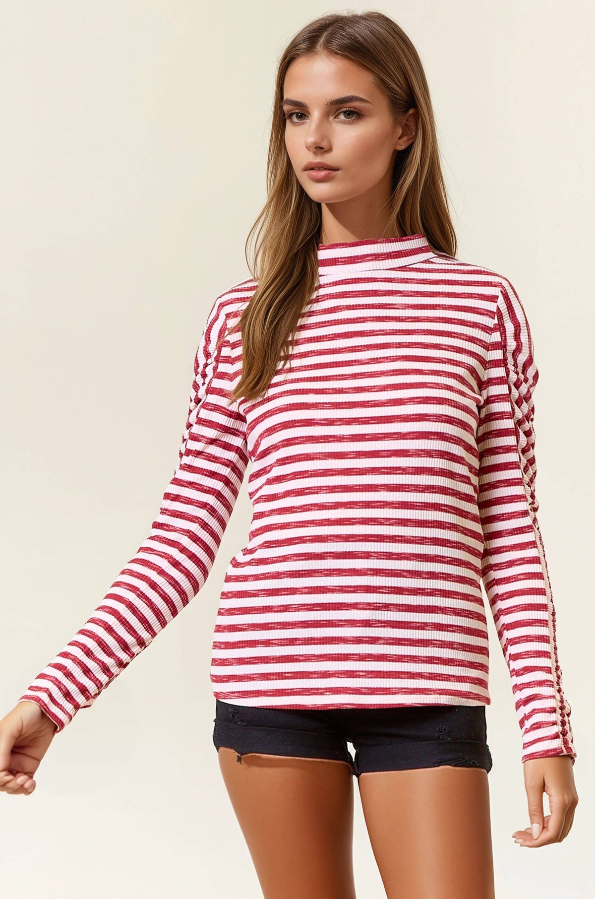 LUREX STRIPED RIB MOCK NECK GATHER LONG SLEEVE TOP