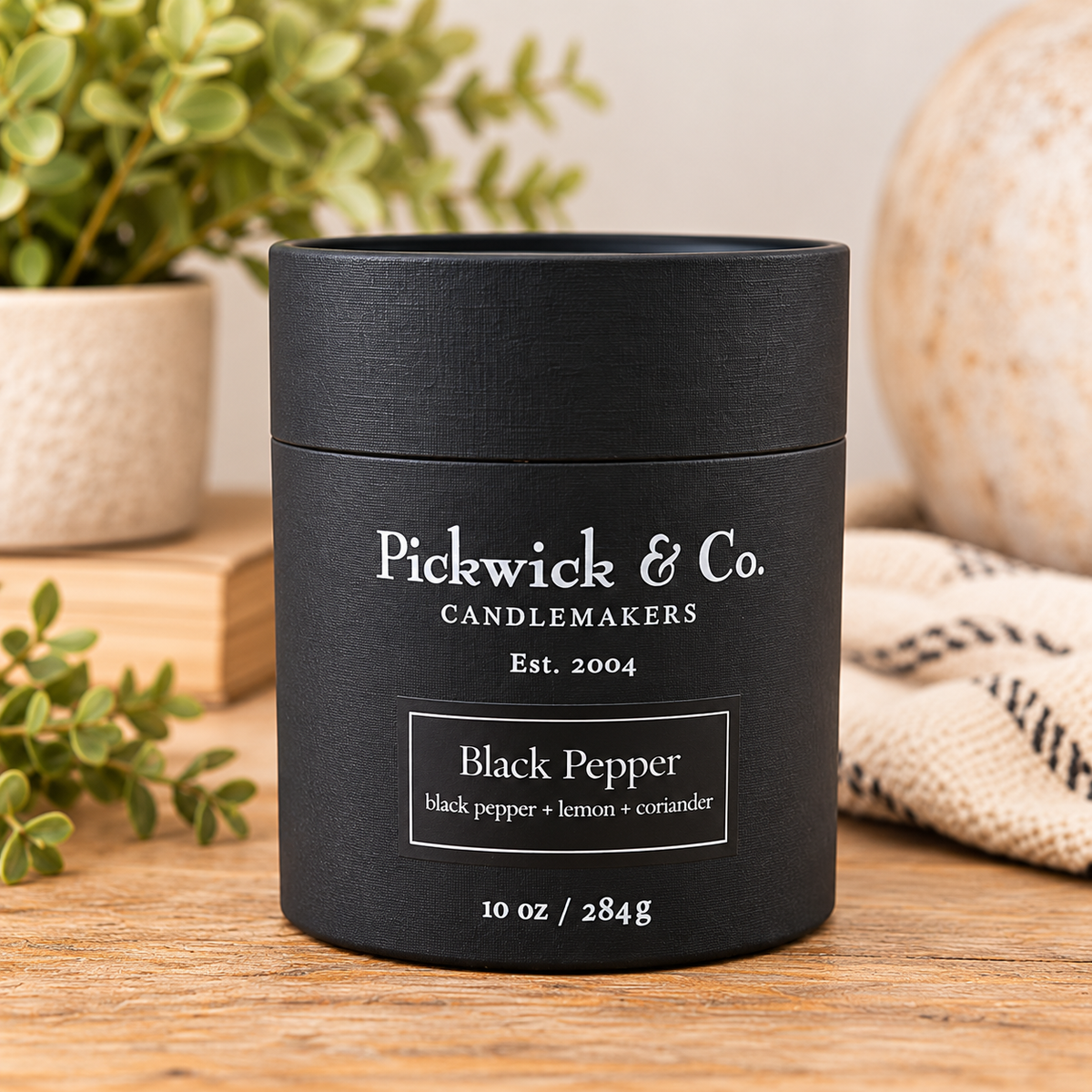 Pickwick & Co. Black Pepper 10 oz candle in black gift tube