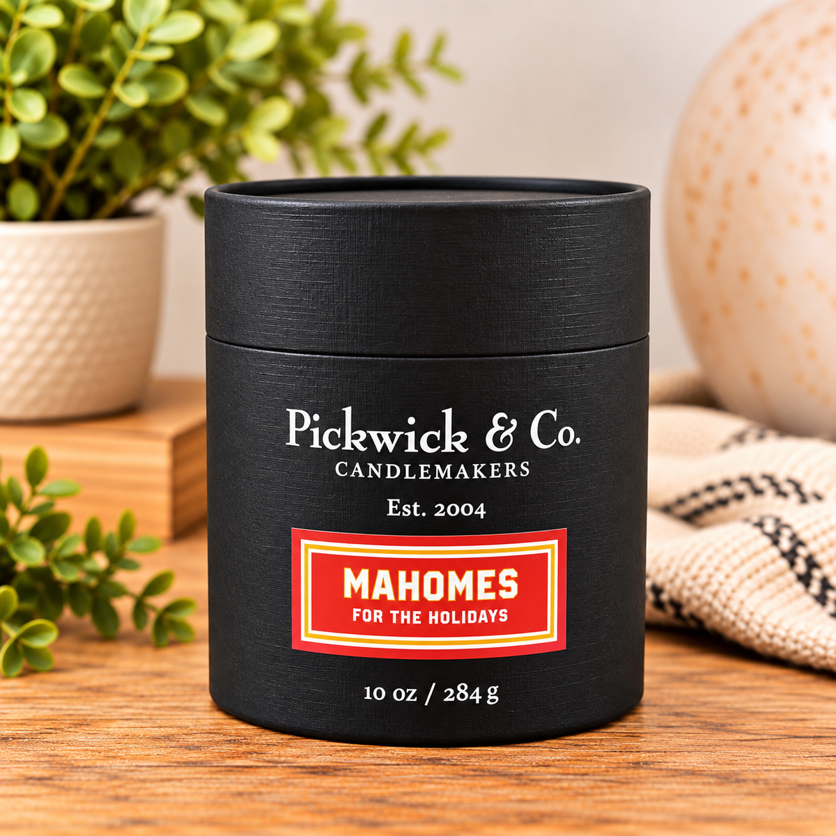 Pickwick & Co. Mahomes for the Holidays 10 oz candle, Home Team Collection, in black gift tube