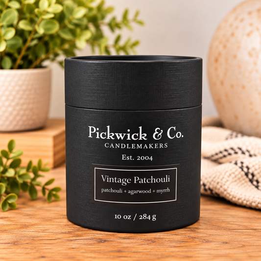 Pickwick & Co. Vintage Patchouli 10 oz candle in black gift tube