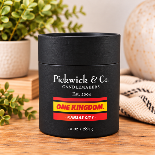 Pickwick & Co. One Kingdom 10 oz candle, Kansas City Home Team Collection, in black gift tube