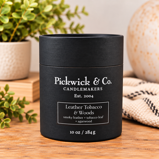 Pickwick & Co. Leather Tobacco & Woods 10 oz candle in black gift tube