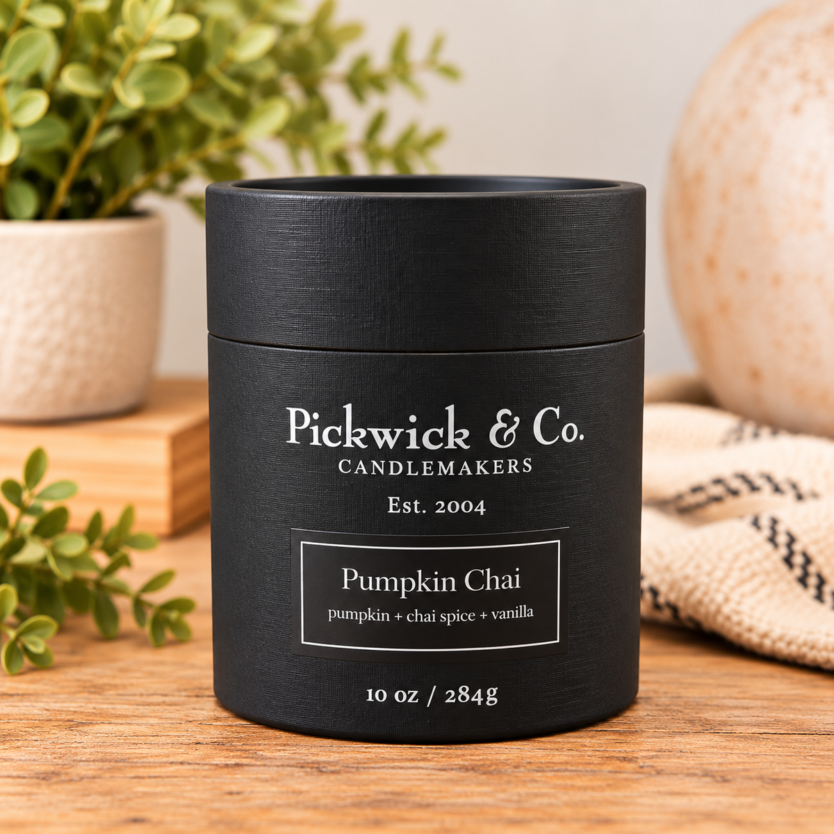 Pickwick & Co. Pumpkin Chai 10 oz candle in black gift tube