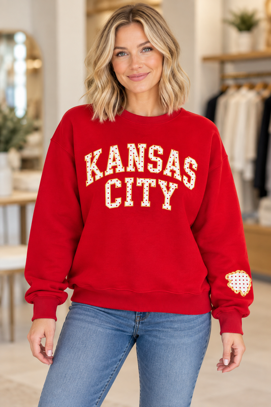 Kansas City Polka Dot Sweatshirt by Lottie & Lou, red crewneck with polka dot appliqué lettering outlined in gold