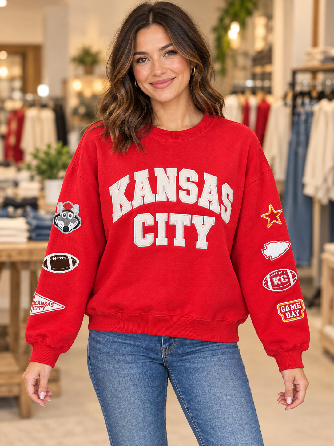 Kansas City Patch Sleeve Sweatshirt by Lottie & Lou, red crewneck with white appliqué lettering and embroidered sleeve patches