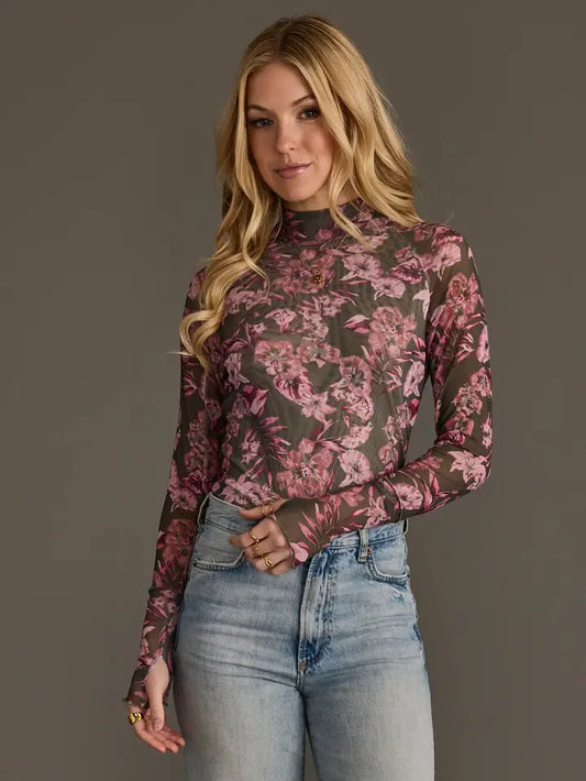 Olive & Pink Floral Mesh Top