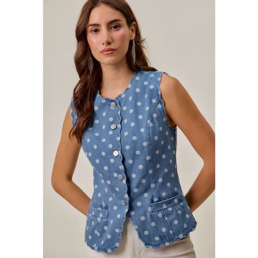 Polka Dot Full Length Denim Vest