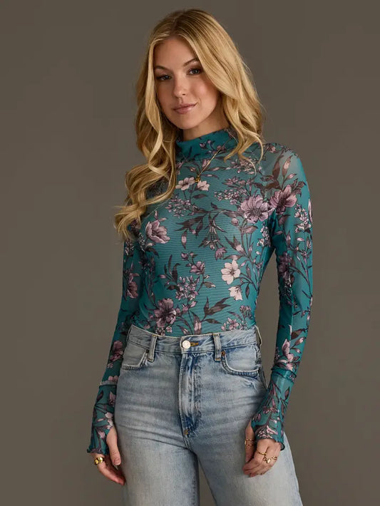 Teal, Cream & Lt. Pink Floral Mesh Top