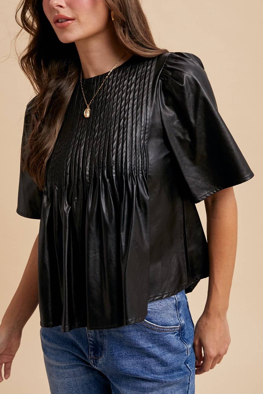 Leather Pin Tuck Detail Blouse