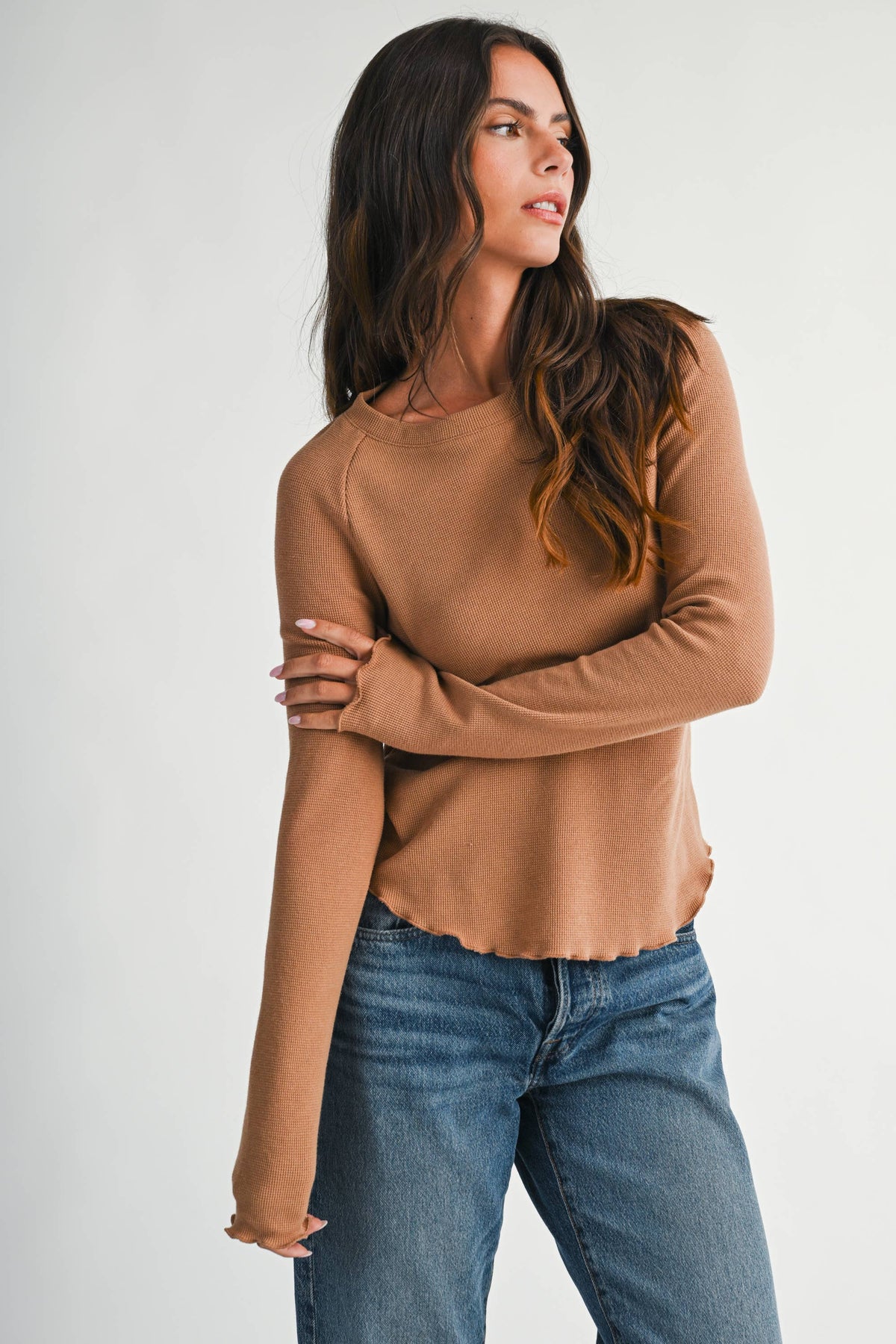 Thermal Knit Lettuce Edge Long Sleeve Top