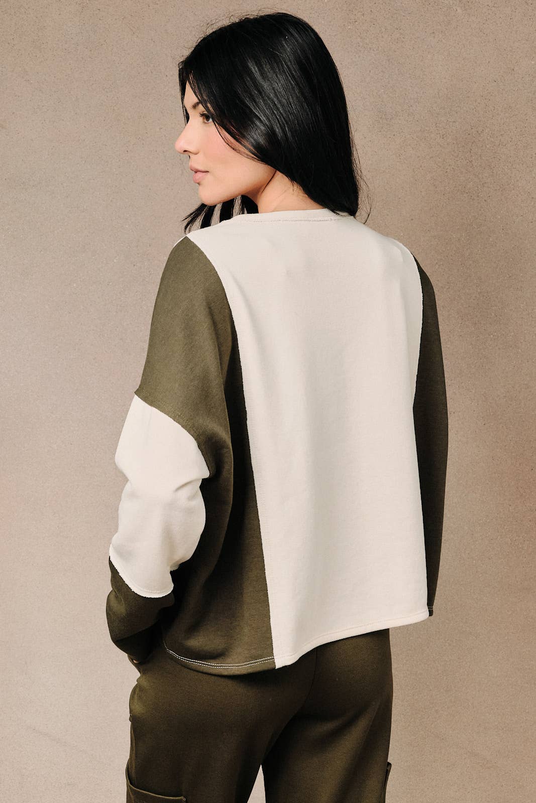 Colorblock Raw Edge Long Sleeve Pocket Sweatshirt Top