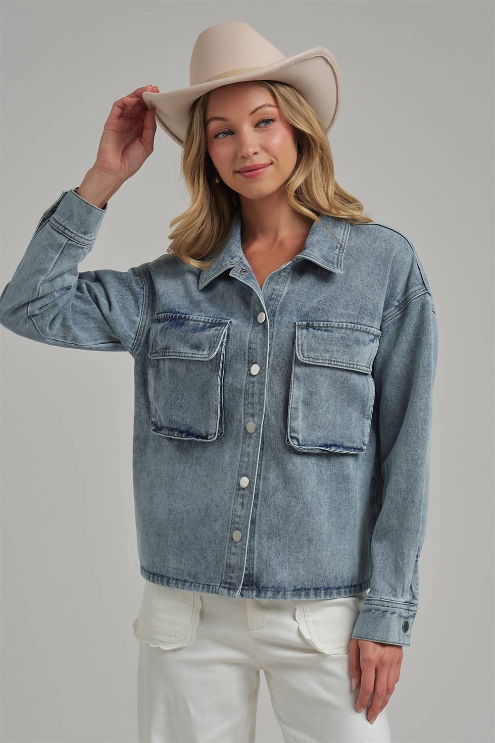 WASHED DENIM SHACKET WITH 3D FRONT POCKETS