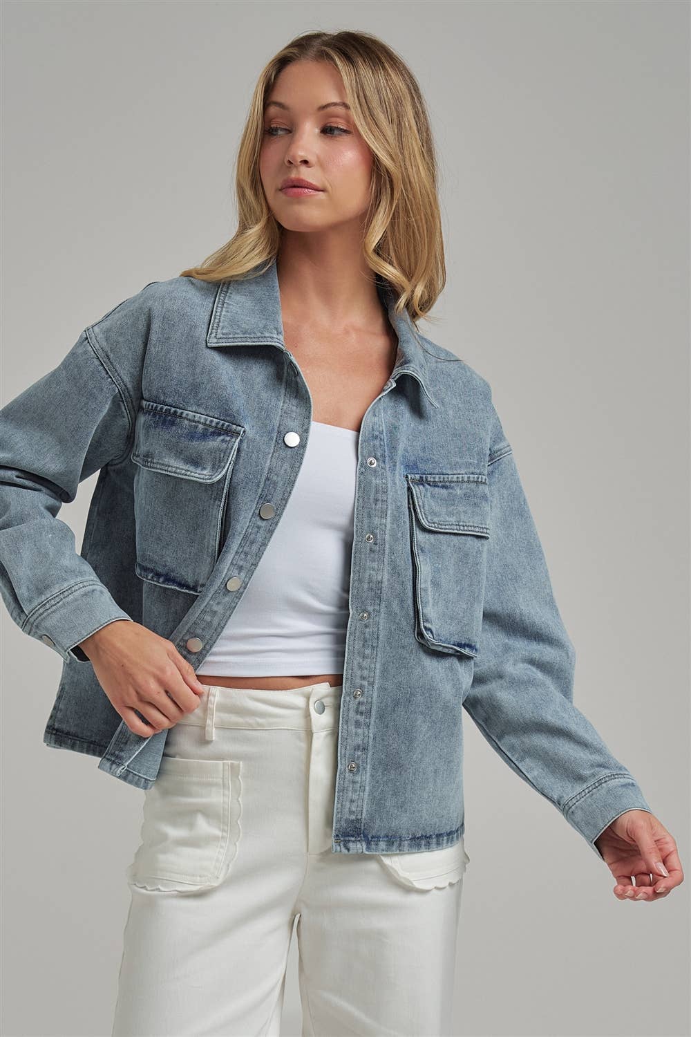 WASHED DENIM SHACKET WITH 3D FRONT POCKETS