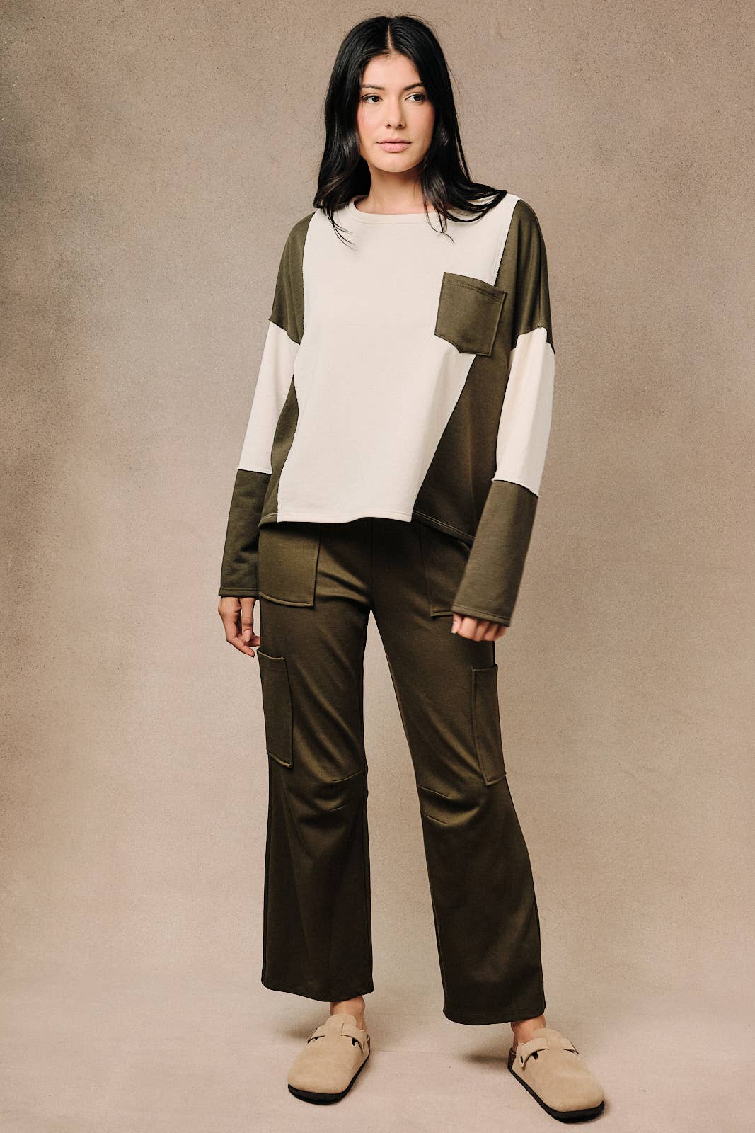 Colorblock Raw Edge Long Sleeve Pocket Sweatshirt Top