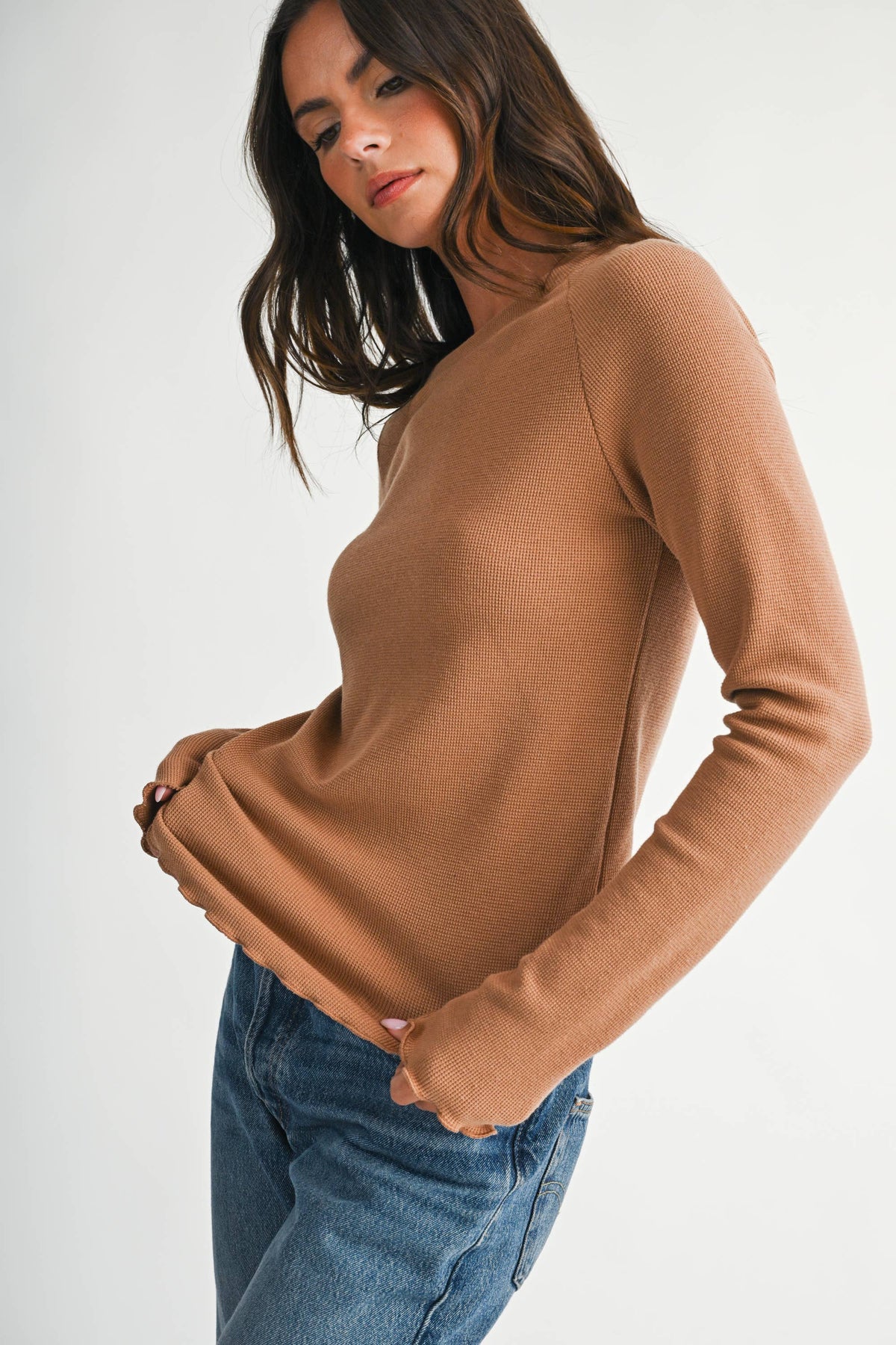Thermal Knit Lettuce Edge Long Sleeve Top