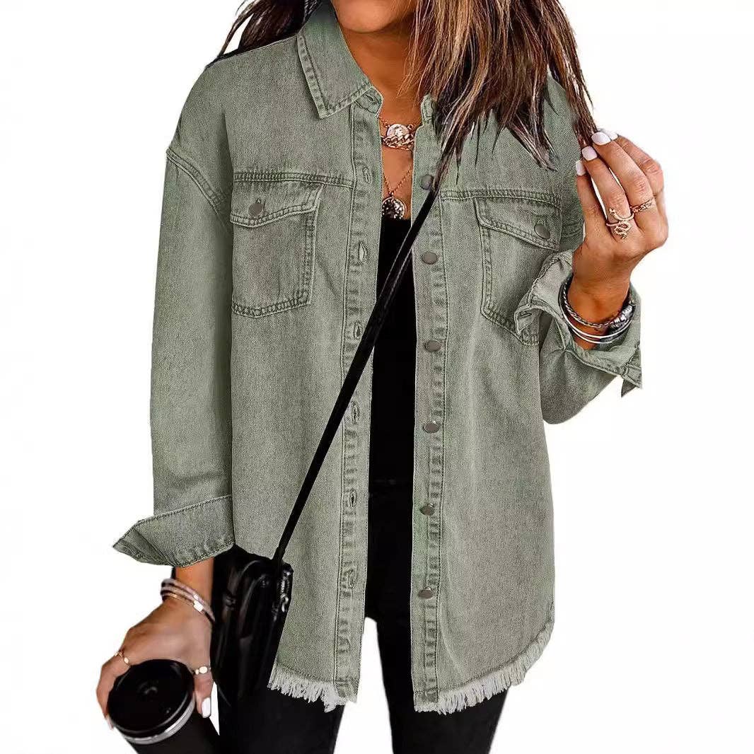 Washed Long Sleeve Frayed Hem Jacket