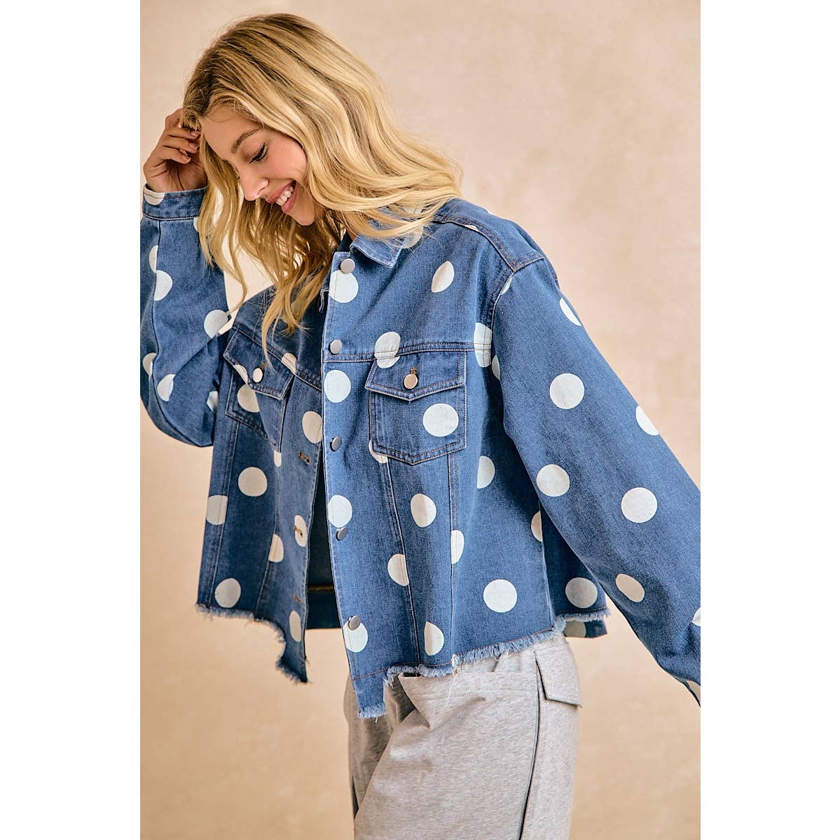 Polka Dot Cropped Denim Jacket with Frayed Hem Button