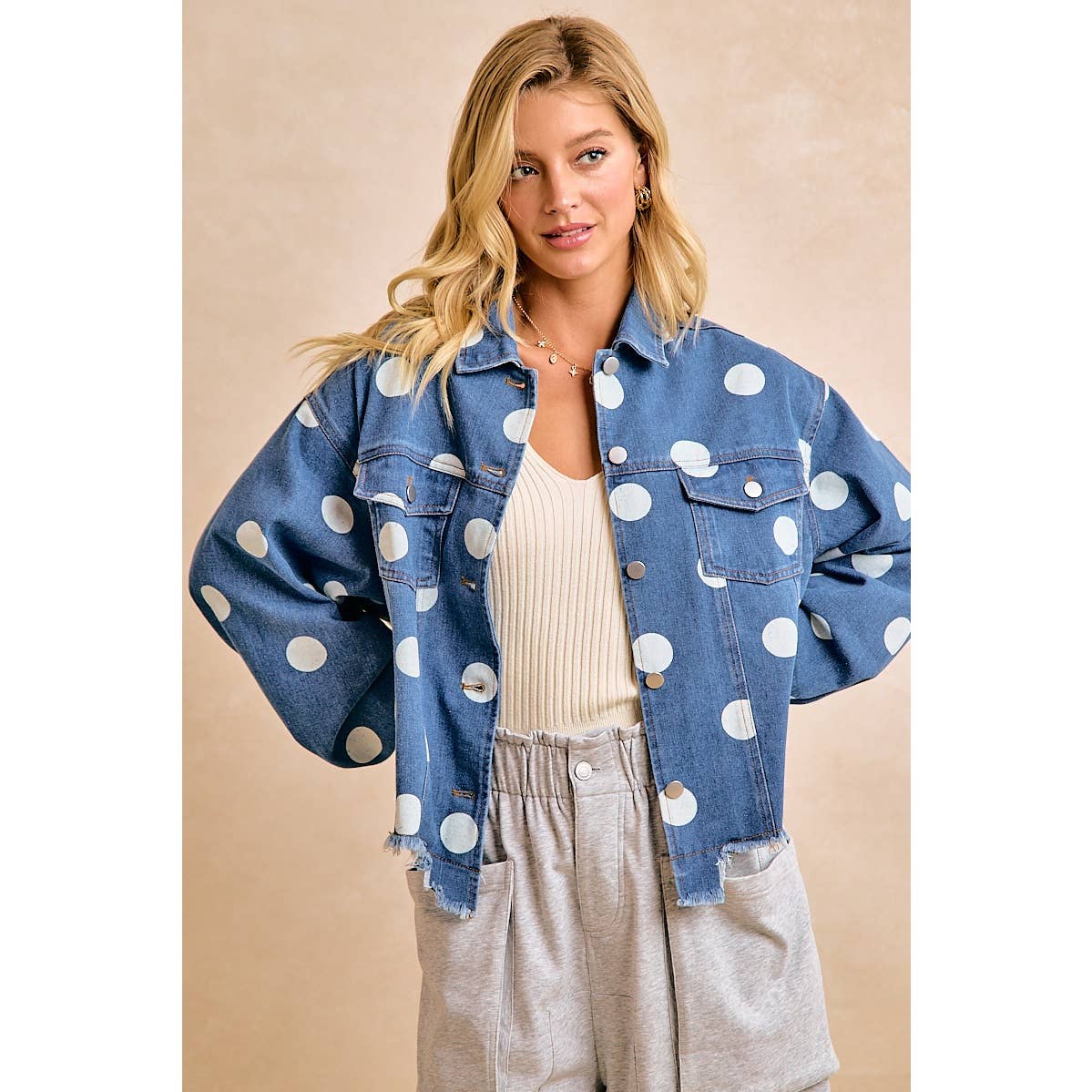 Polka Dot Cropped Denim Jacket with Frayed Hem Button