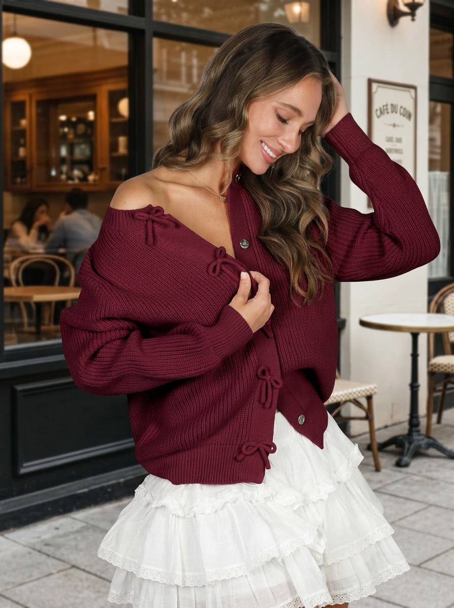 Bow Snap Button Detail Long Sleeve Sweater Cardigan