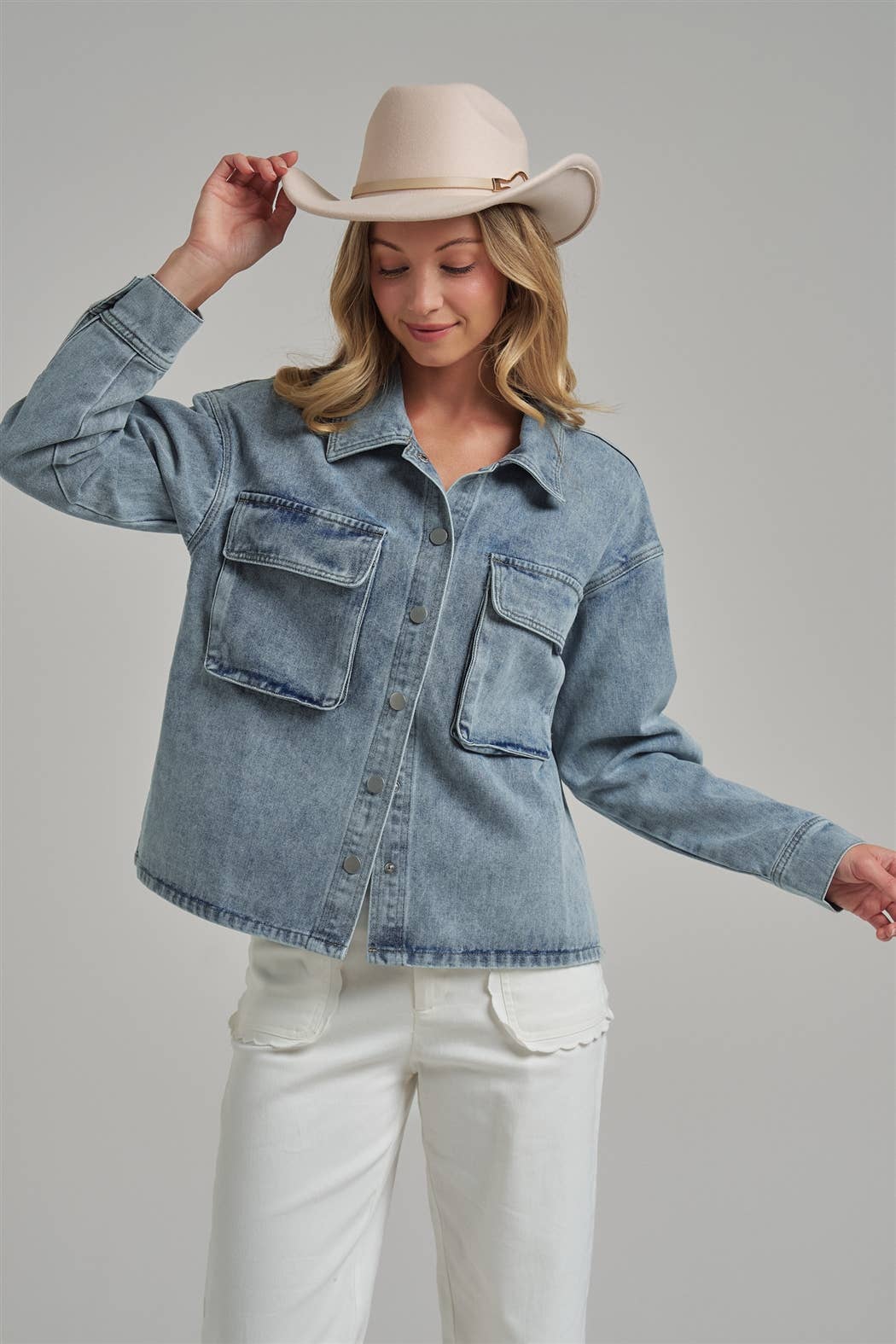 WASHED DENIM SHACKET WITH 3D FRONT POCKETS