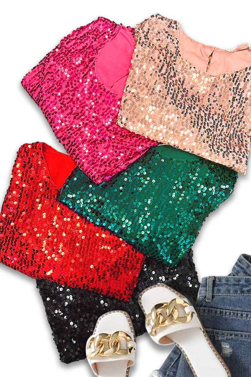 Round Neck Short Puff Sleeve Sequin Blouse Top