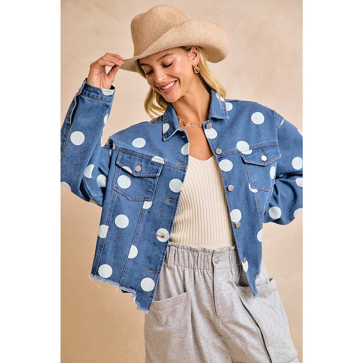 Polka Dot Cropped Denim Jacket with Frayed Hem Button