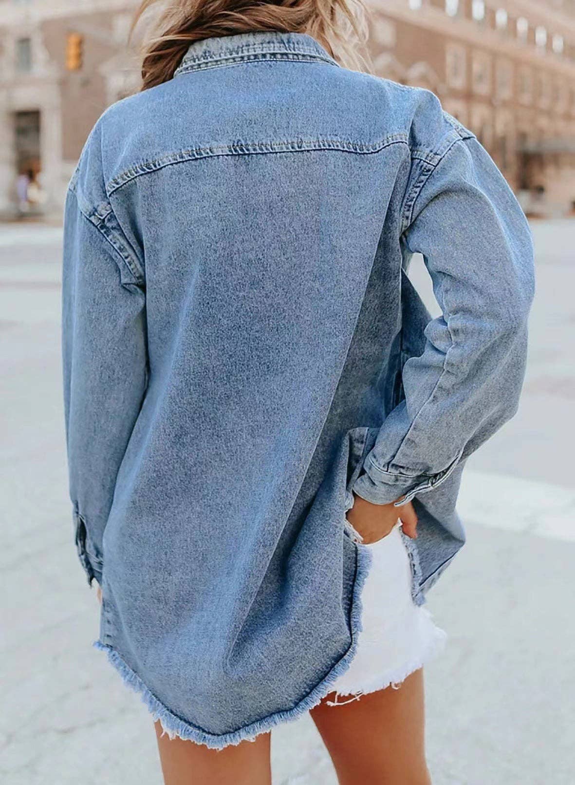 Washed Long Sleeve Frayed Hem Jacket