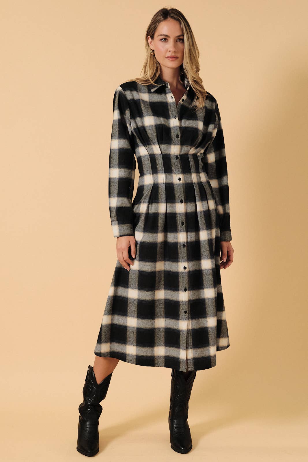 Plaid Long Sleeve Pleated Button Down Midi Shirt Dress