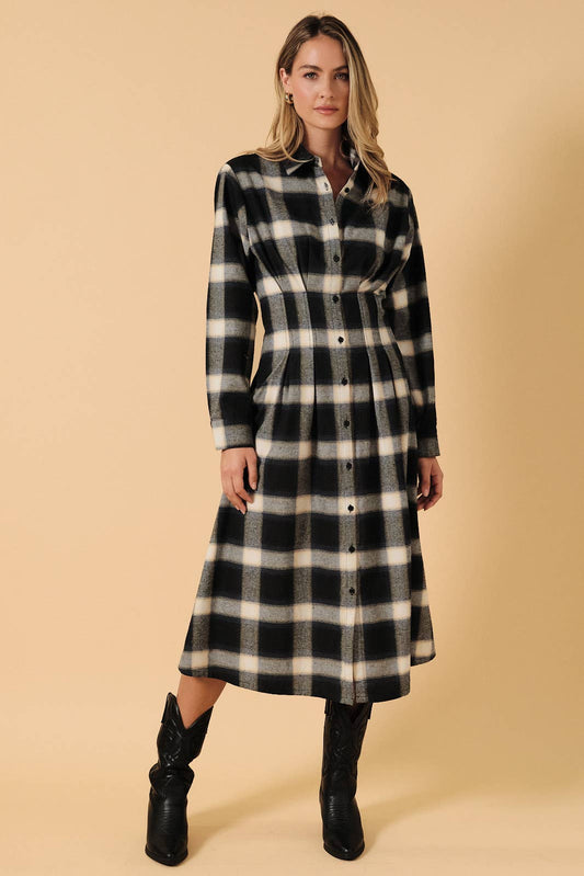 Plaid Long Sleeve Pleated Button Down Midi Shirt Dress