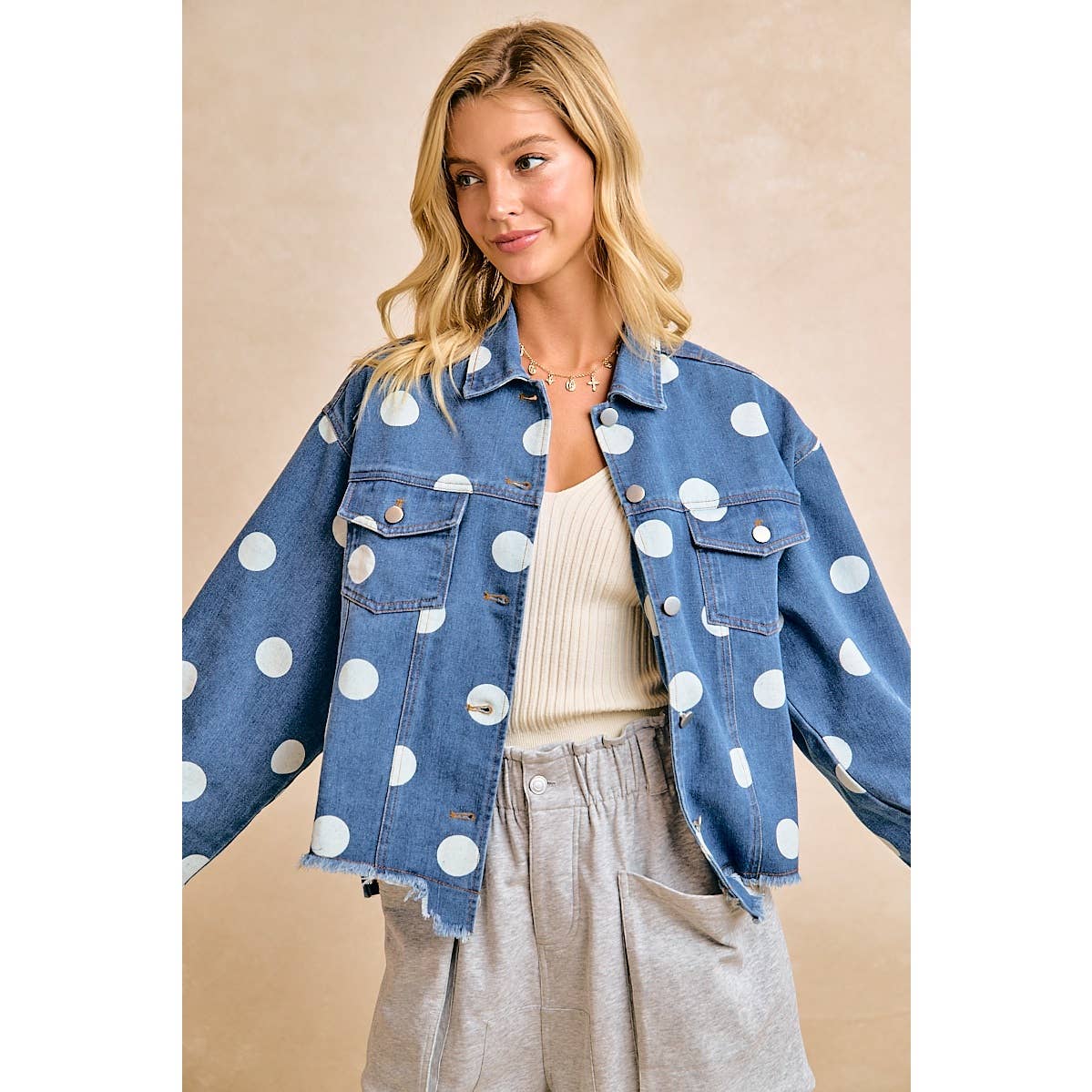 Polka Dot Cropped Denim Jacket with Frayed Hem Button