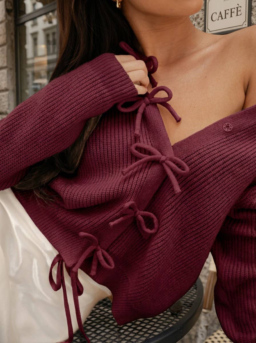 Bow Snap Button Detail Long Sleeve Sweater Cardigan