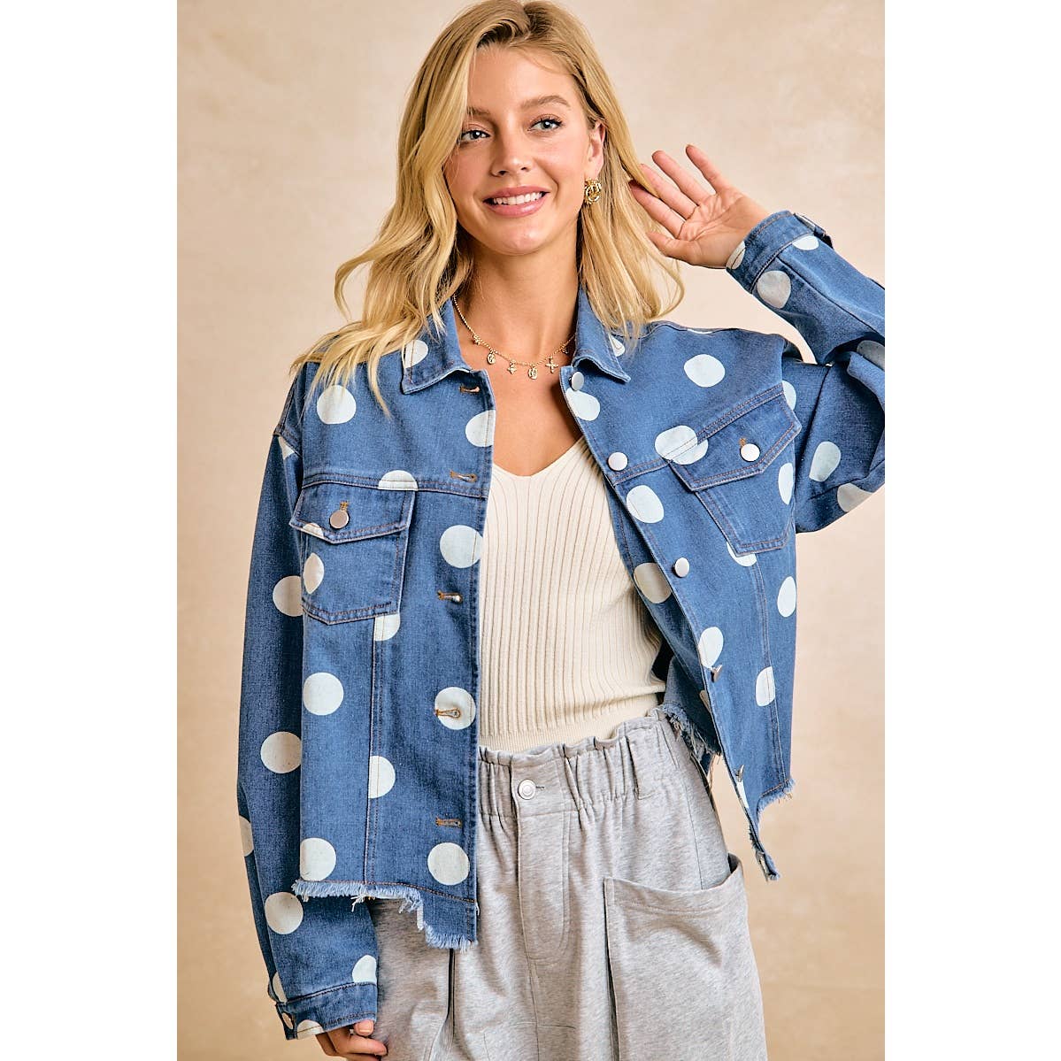 Polka Dot Cropped Denim Jacket with Frayed Hem Button