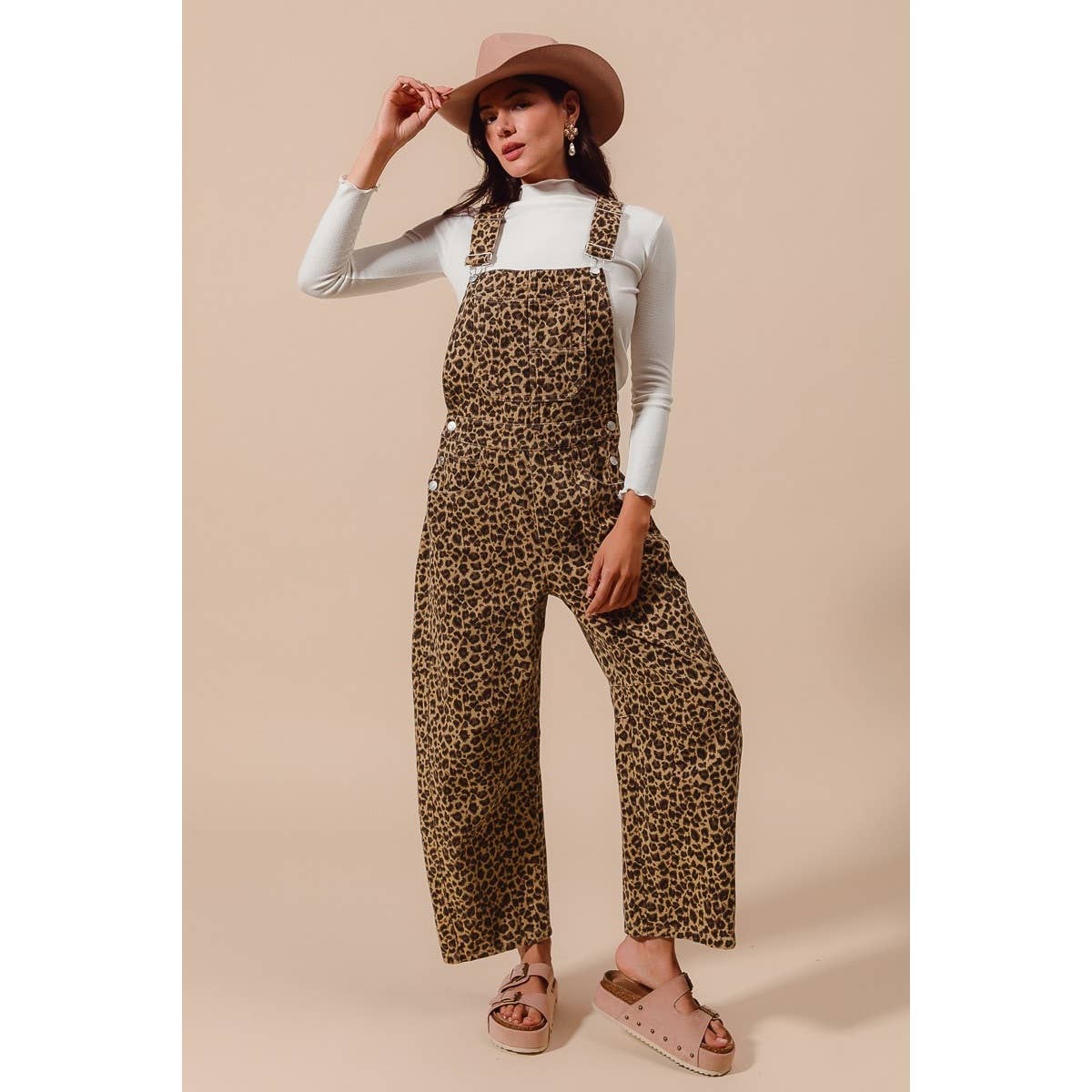 LEOPARD TWILL SLOUCHY BARREL OVERALLS JUMPSUIT