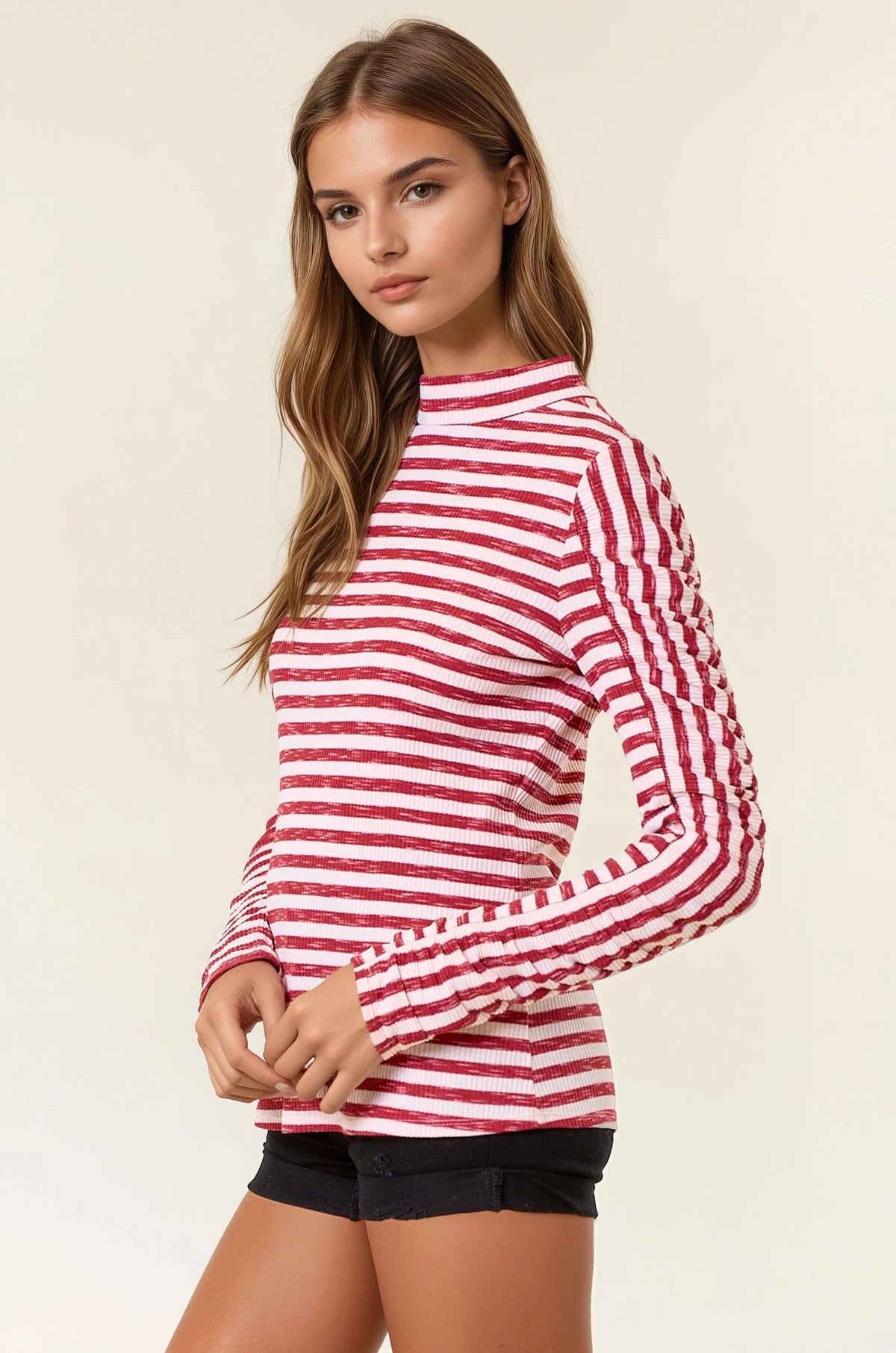LUREX STRIPED RIB MOCK NECK GATHER LONG SLEEVE TOP
