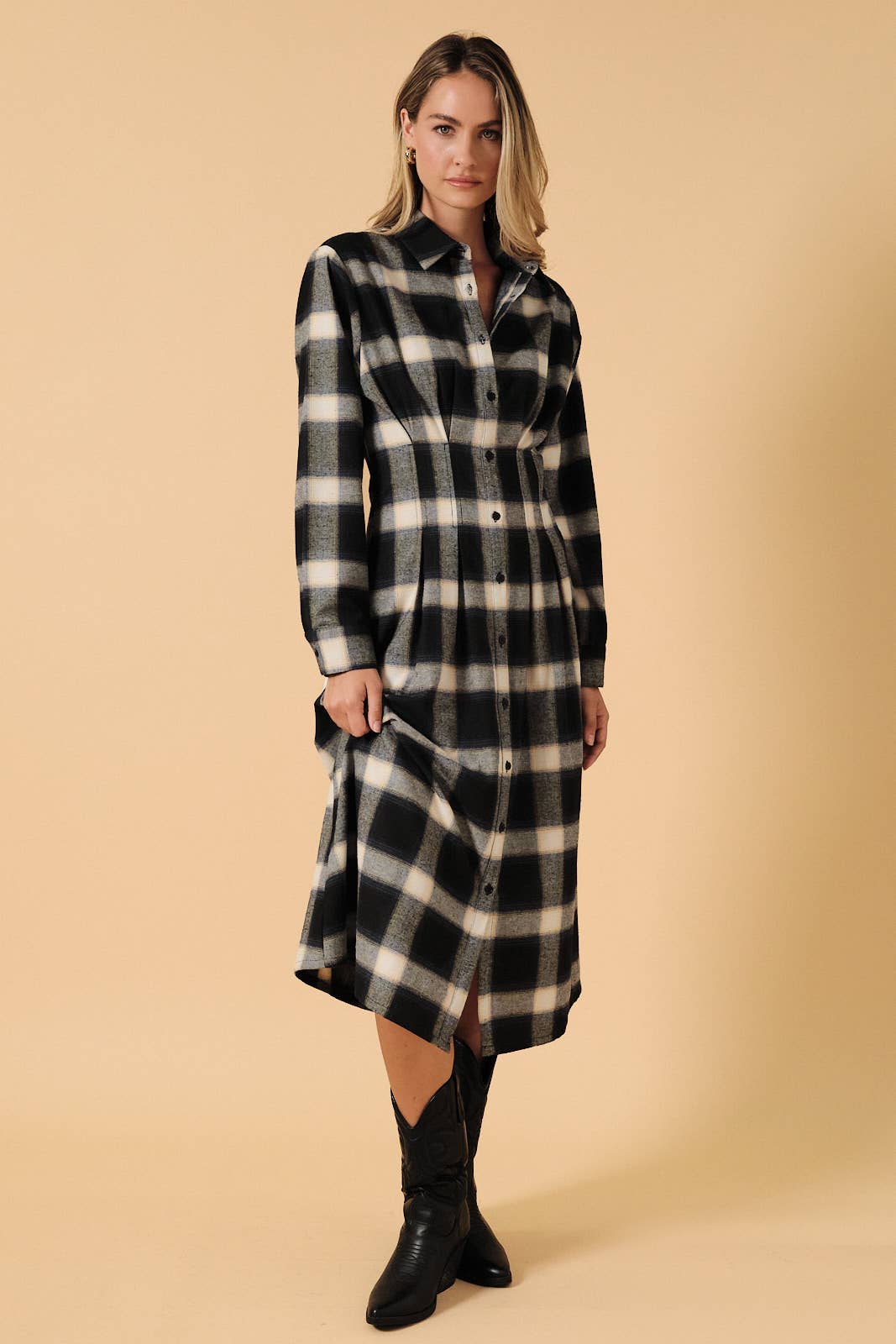 Plaid Long Sleeve Pleated Button Down Midi Shirt Dress
