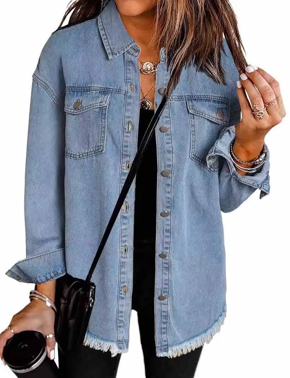 Washed Long Sleeve Frayed Hem Jacket