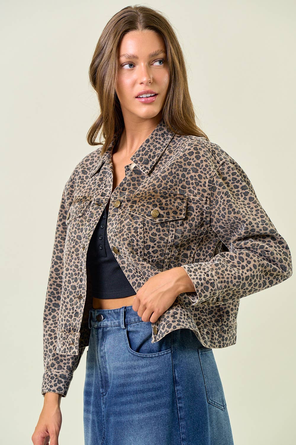 LEOPARD PRINT OVERSIZED DENIM TRUCKER JACKET