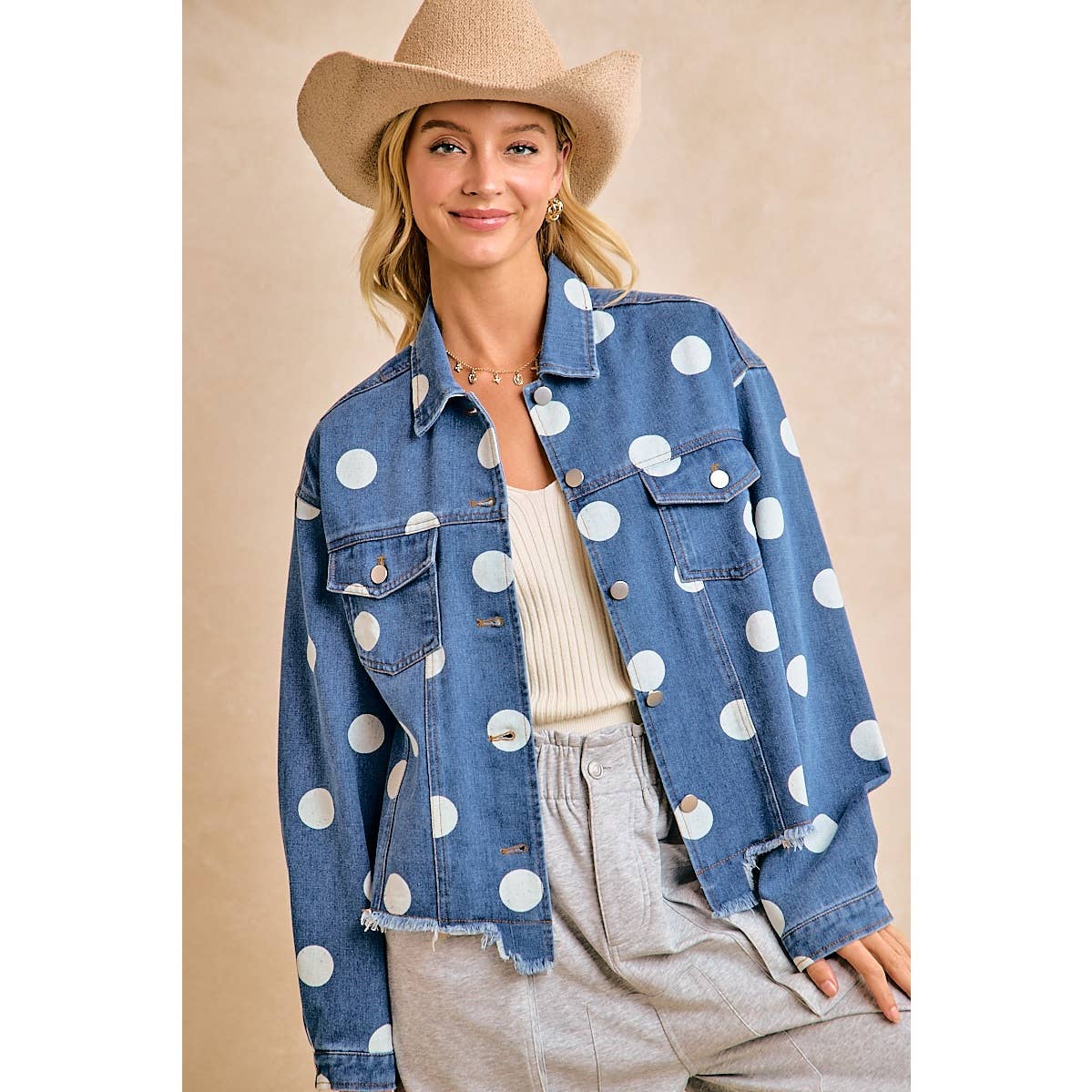 Polka Dot Cropped Denim Jacket with Frayed Hem Button
