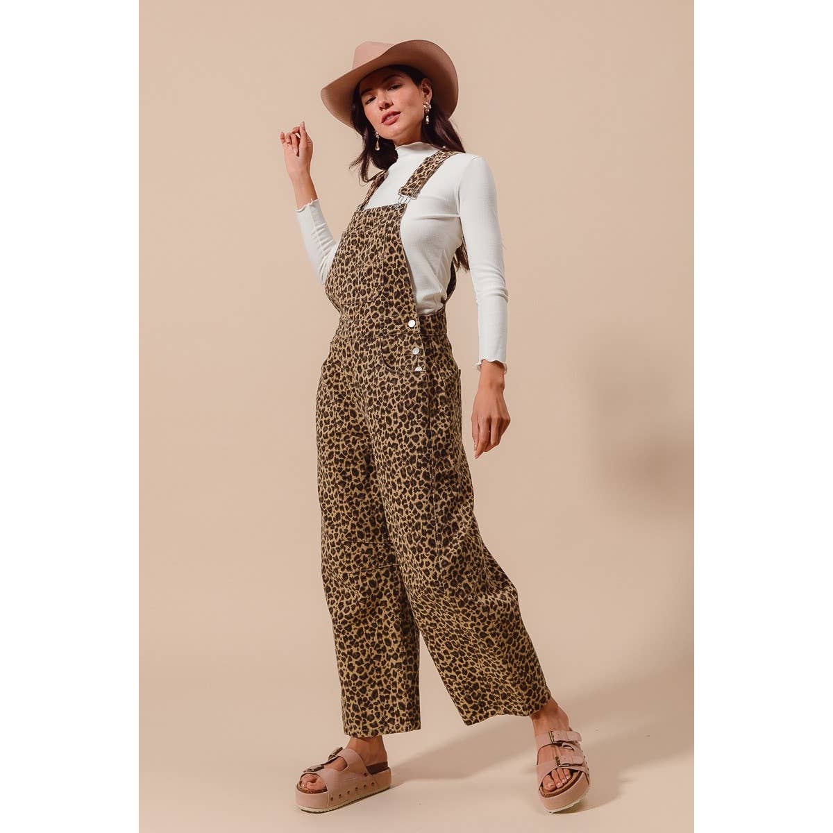 LEOPARD TWILL SLOUCHY BARREL OVERALLS JUMPSUIT